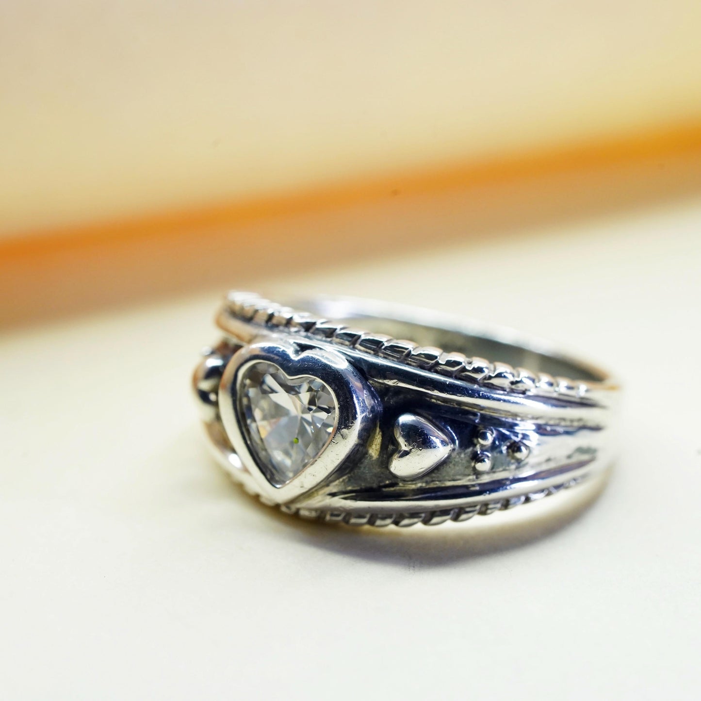 Size 10, Vintage sterling silver handmade ring, engagement ring with heart cz