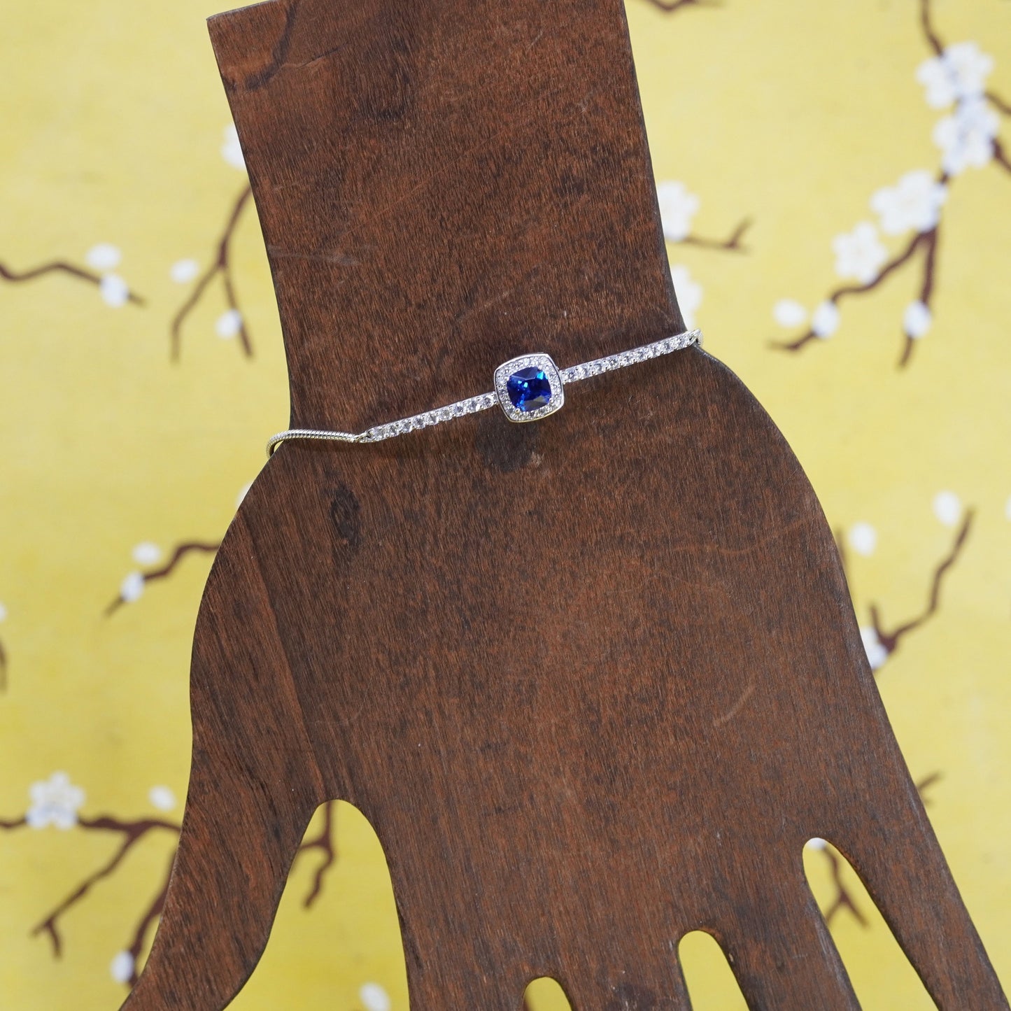 vintage Sterling silver handmade bracelet, 925 snake link chain w/ sapphire bar