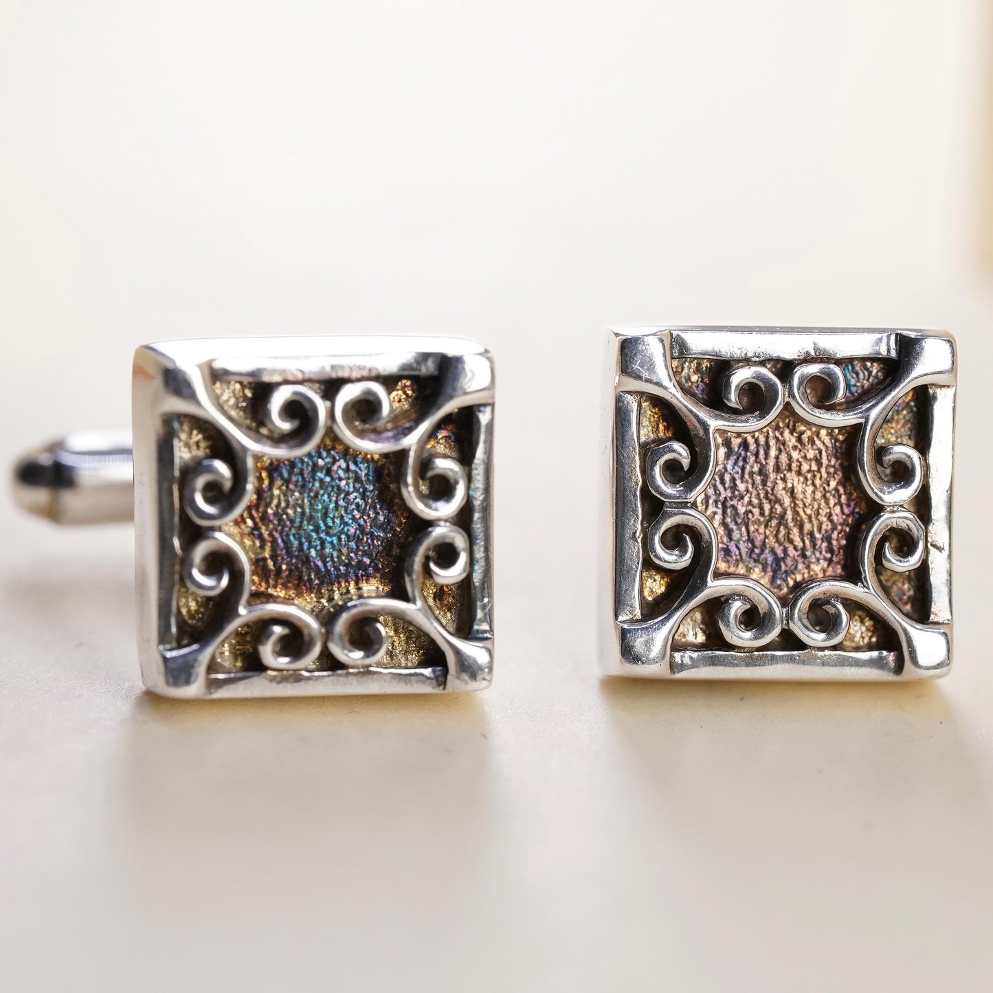 VTG sterling silver square filigree swirly cuff links, handmade 925 cufflinks
