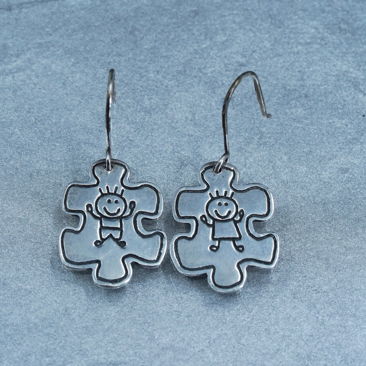 Vintage Mexican Sterling 925 silver handmade puzzle earrings embossed boy