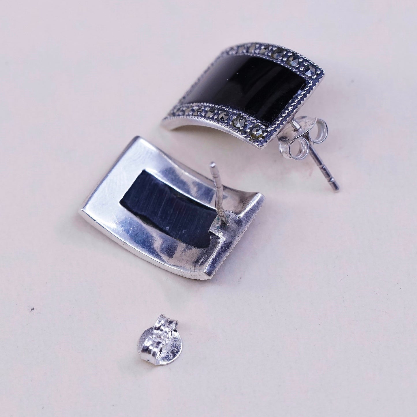 VTG Sterling silver handmade earrings, 925 stud w/ obsidian n marcasite