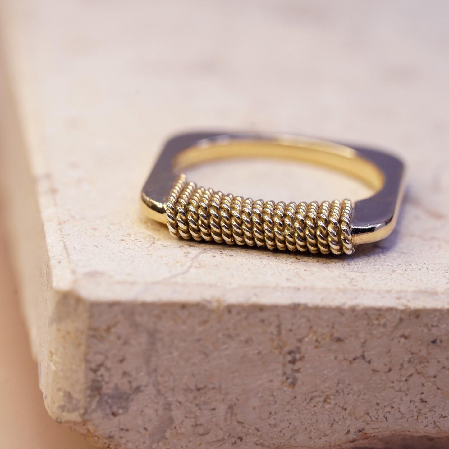 Size 9.25, VTG gold plated sterling silver ring, statement cable stackable band