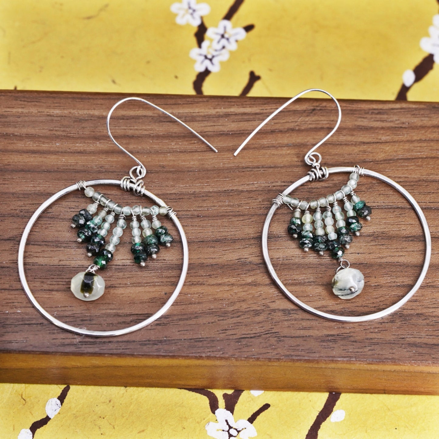 Vintage Sterling silver handmade circle earrings, 925 hoops with jade beads