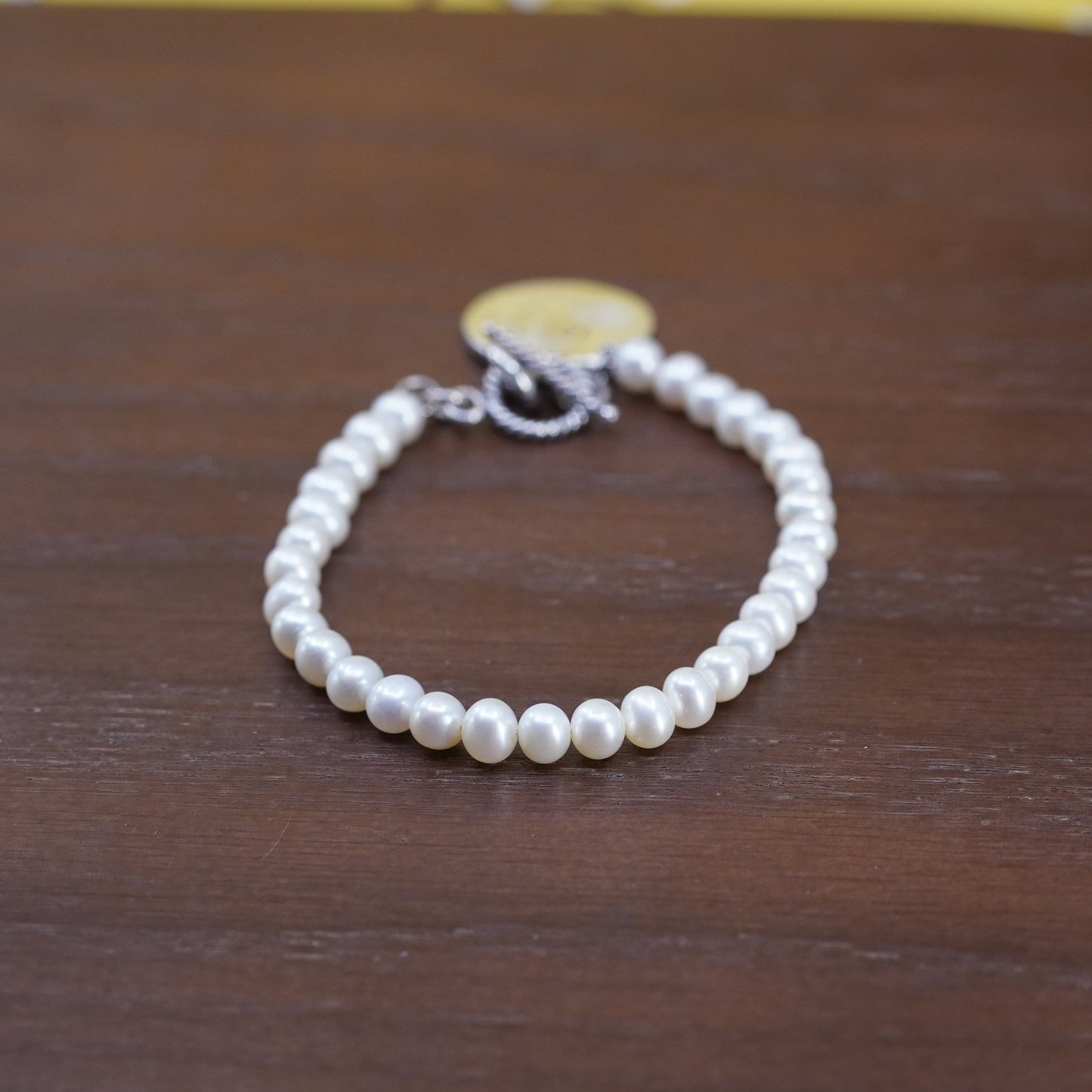 6.25”, Sterling silver handmade bracelet, freshwater pearl 925 charm engraved D