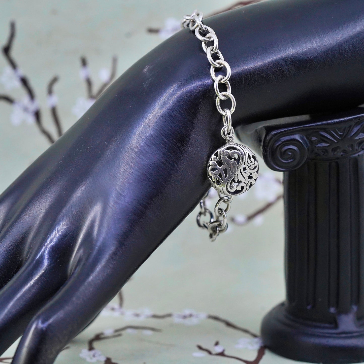 7", sterling 925 silver circle link charm bracelet with filigree circle charm