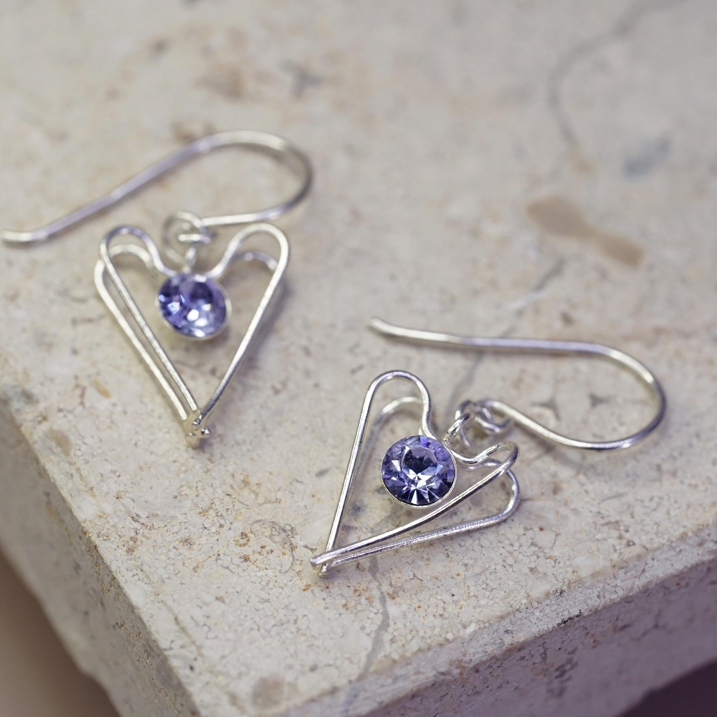 Vintage Sterling silver handmade earrings, 925 heart drops with dancing cz