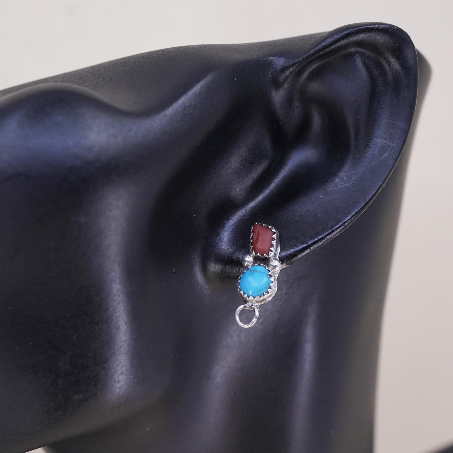 Native American Navajo single earring. Sterling 925 silver teardrop stud coral