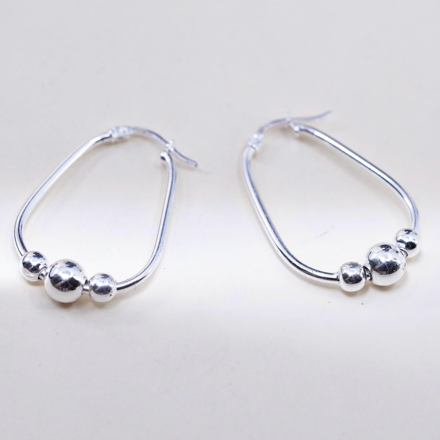 1.25”, Vintage sterling 925 silver loop handmade earrings, beaded oval hoops