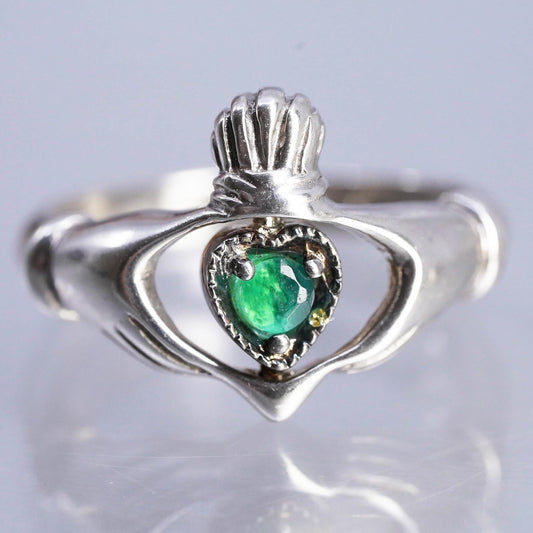 Size 6, Claddagh Sterling 925 silver spinner ring emerald 14K yellow gold heart