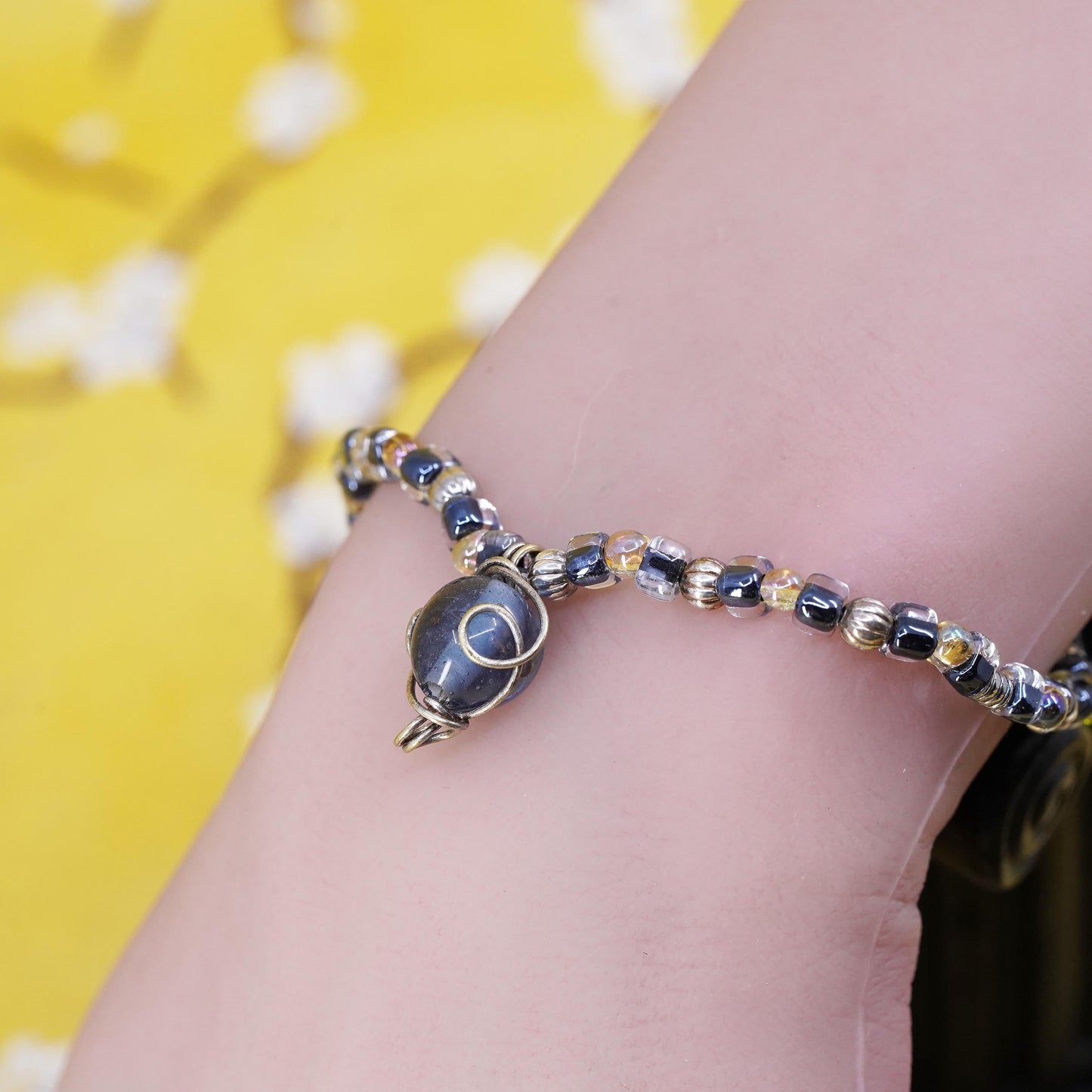 6.25”, sterling silver bracelet, blue glass bead bracelet with 925 silver clasp