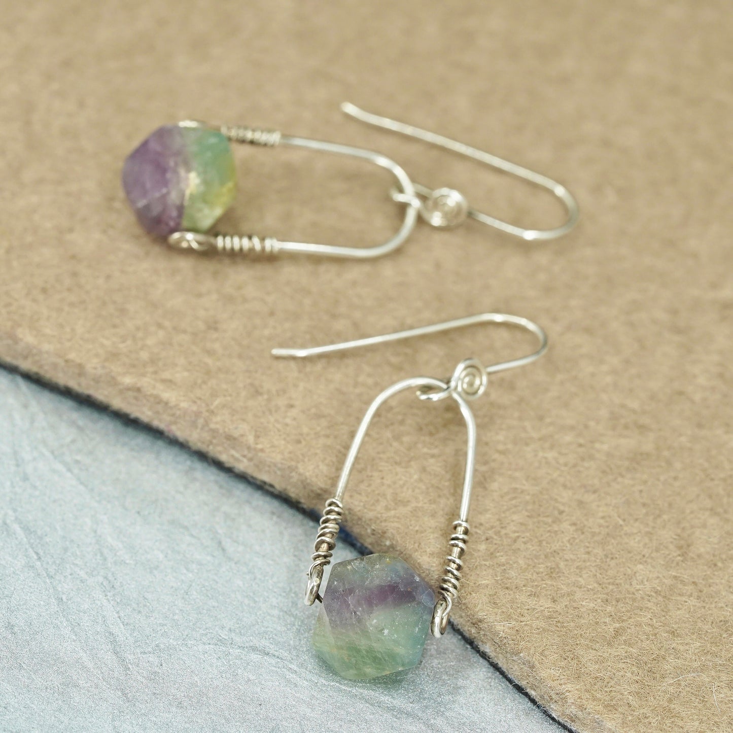 Vintage Sterling 925 silver handmade earrings with fluorite nugget