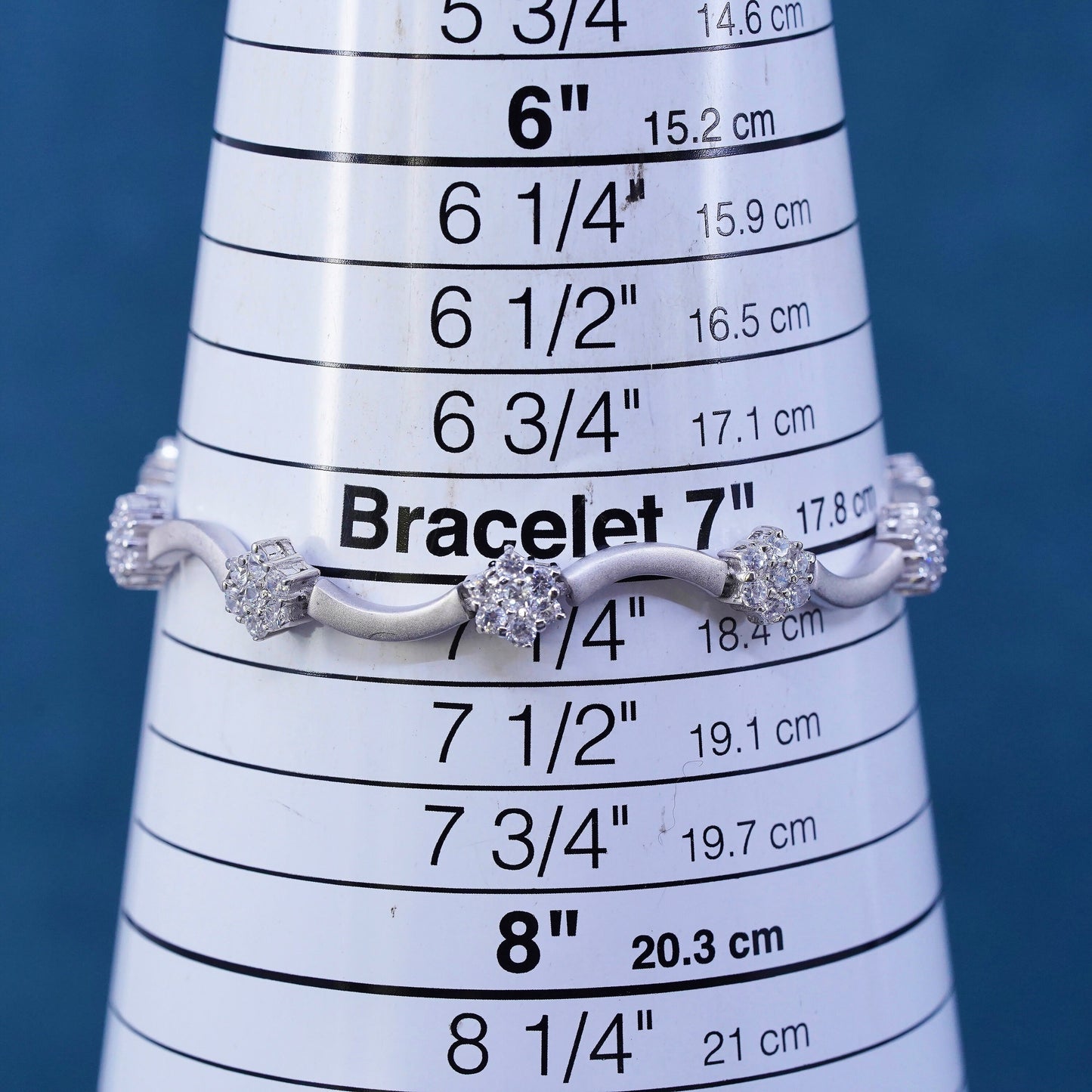7”, vintage matte sterling 925 silver tennis bracelet with Cz flower details