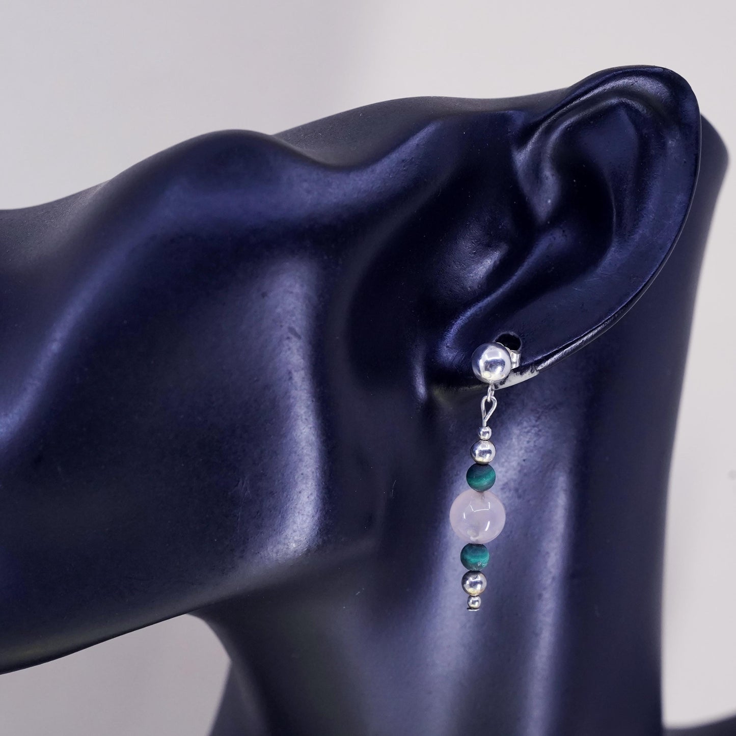 Vintage Sterling 925 silver handmade earrings with pink quartz malachite beads