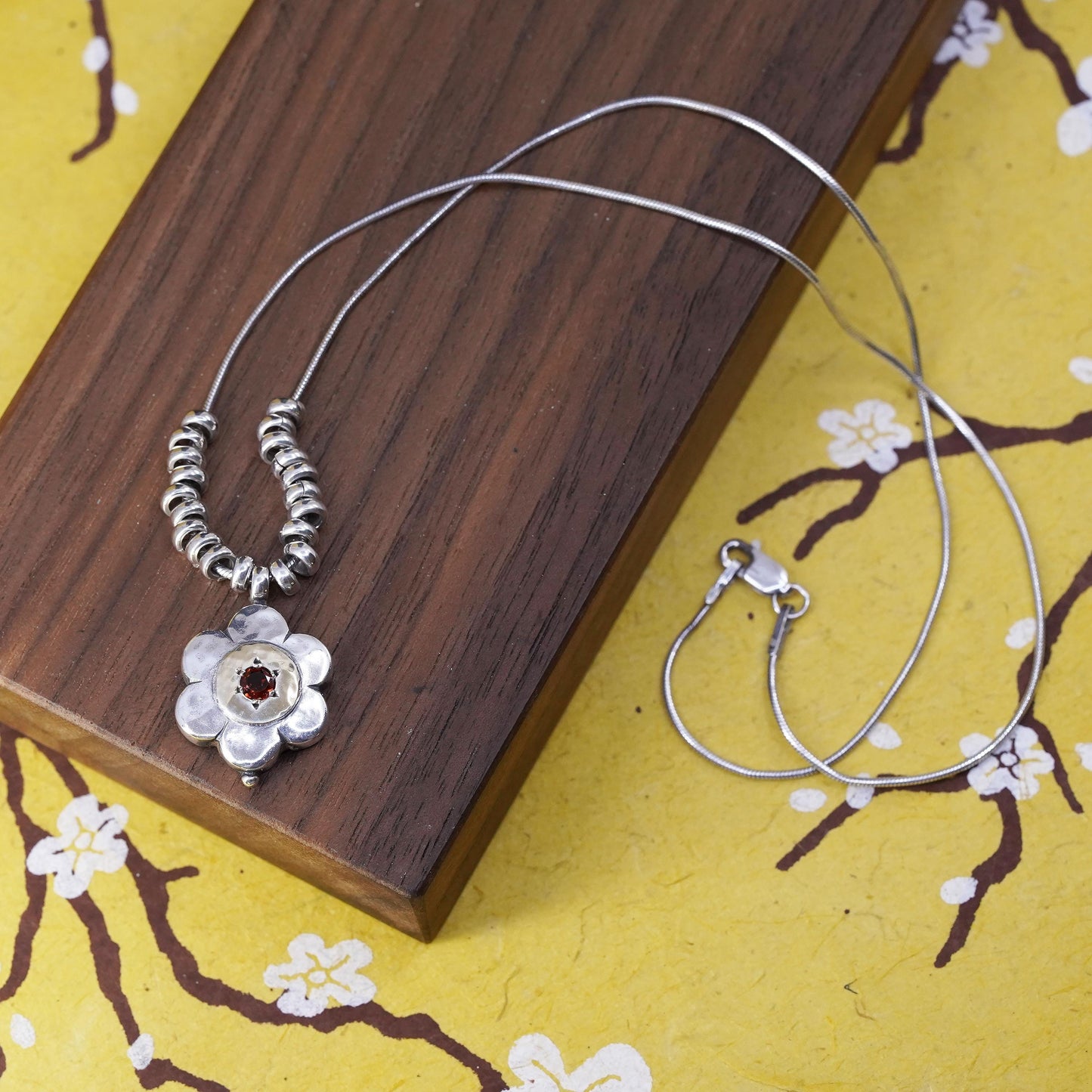 18” 14K flower Sterling silver pendant, 925 snake chain necklace with beads