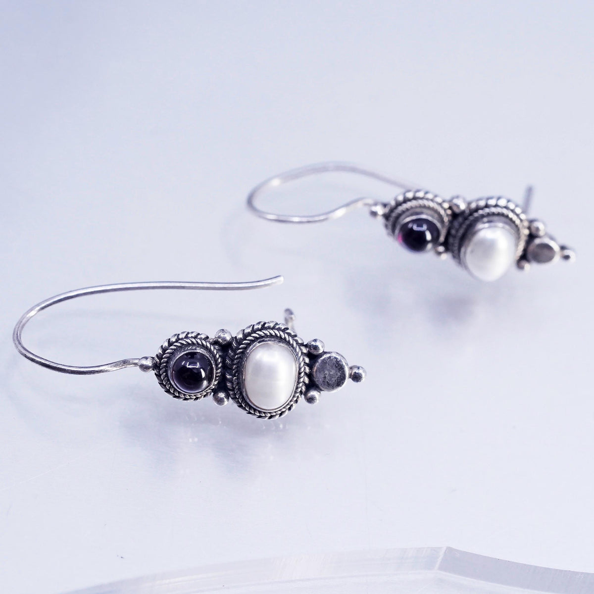 Vintage Sterling 925 silver handmade earrings with white pearl and garnet beads