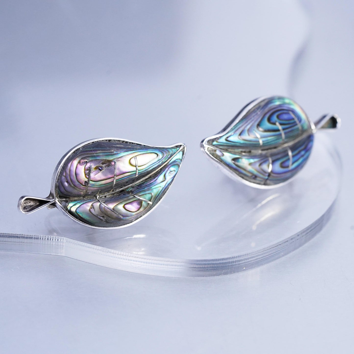 vtg Mexican PA Sterling 925 silver handmade earrings, leaf screw back abalone