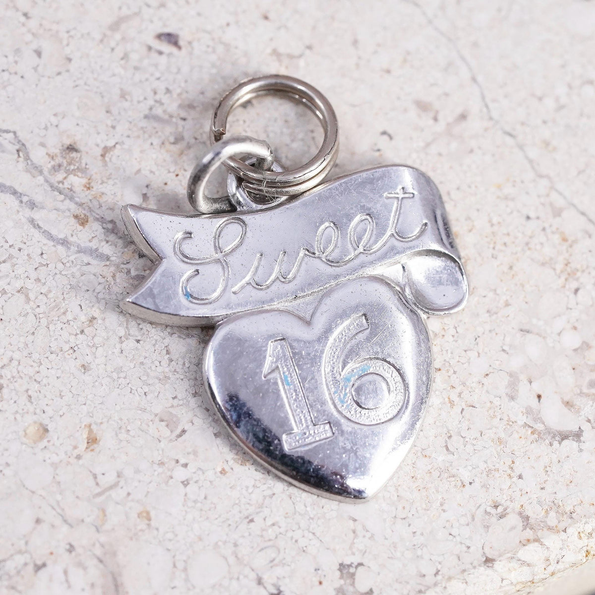 Vintage Sterling silver handmade pendant, 925 tag charm embossed "sweet 16"