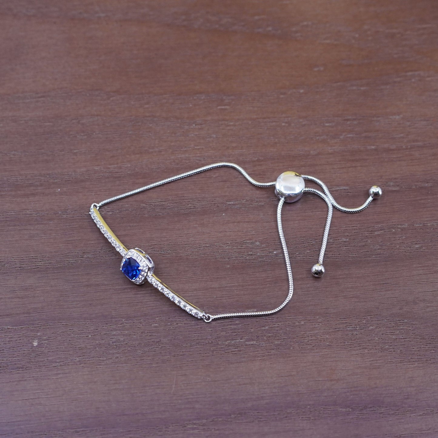 vintage Sterling silver handmade bracelet, 925 snake link chain w/ sapphire bar