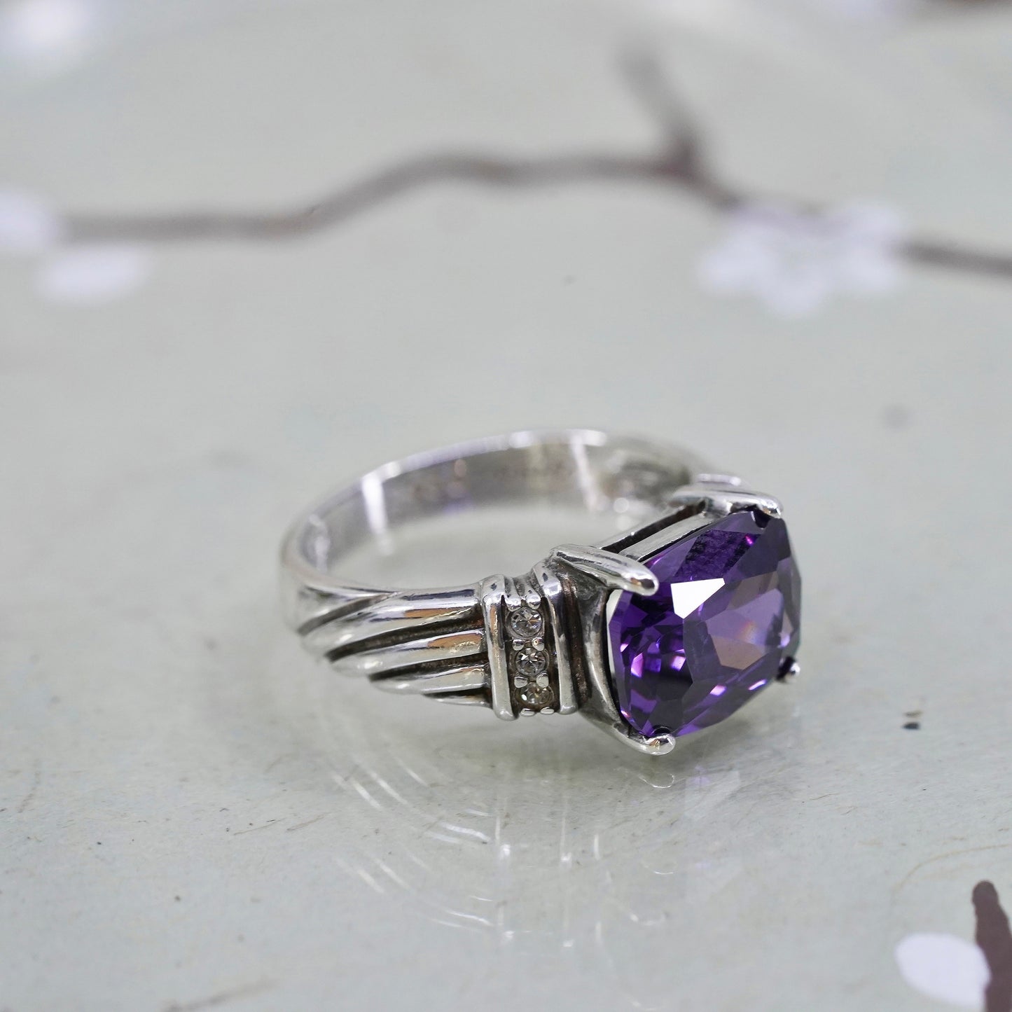 Size 5, vintage Sterling silver handmade ring, 925 with amethyst and Cz around