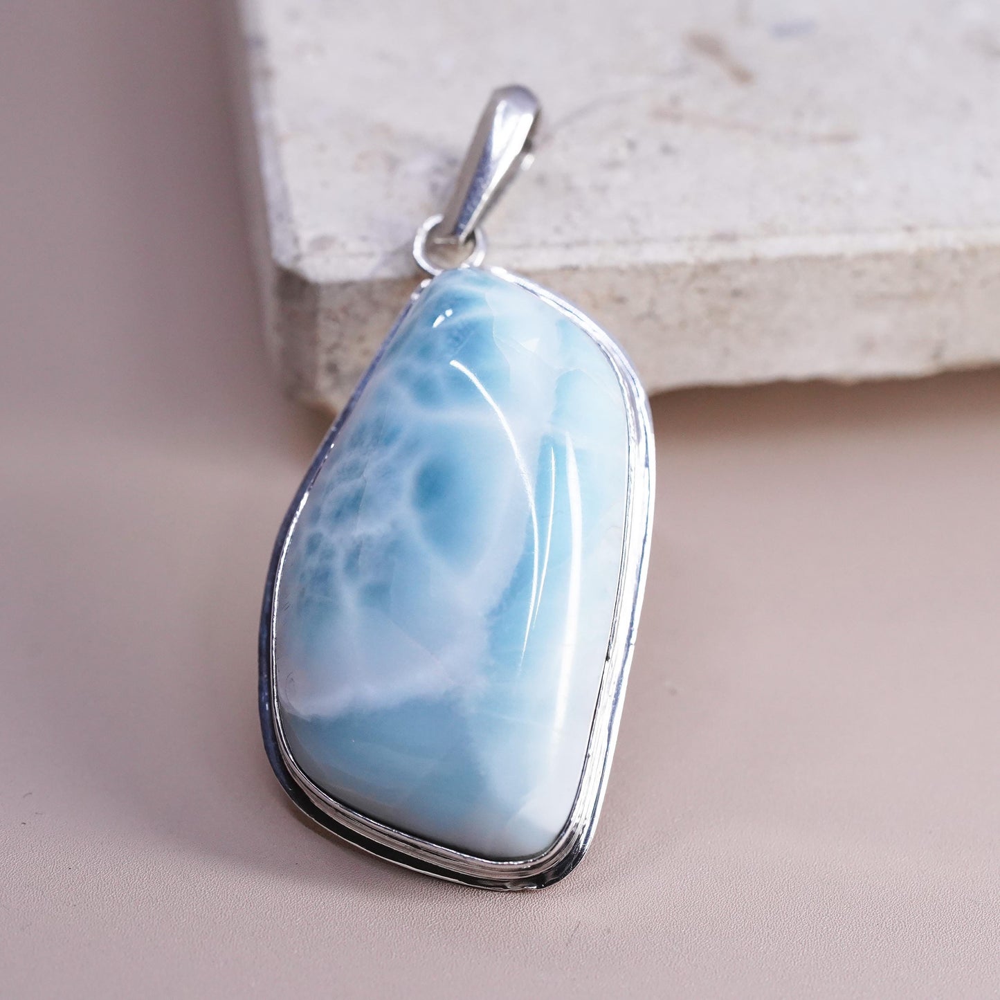 Vintage Sterling 925 Silver Handmade huge Pendant with larimar