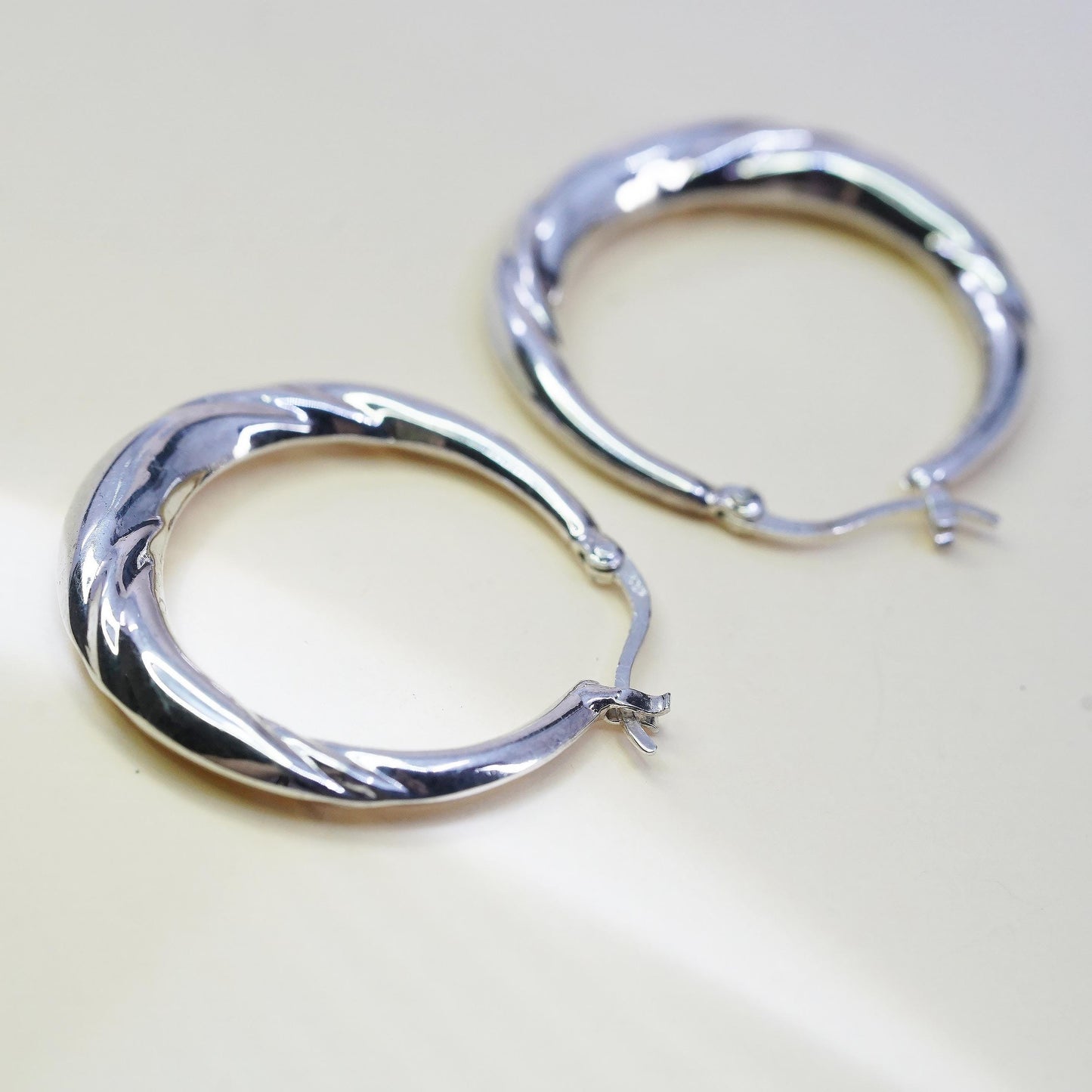 1.25", Vintage 925 sterling silver loop earrings, ribbed primitive hoops