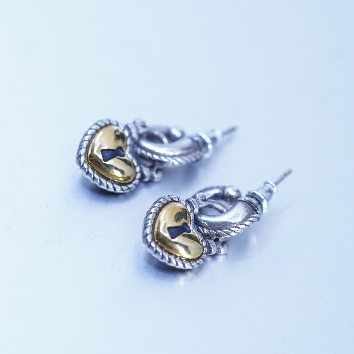 Vintage two tone hoops earrings with heart lock dangle