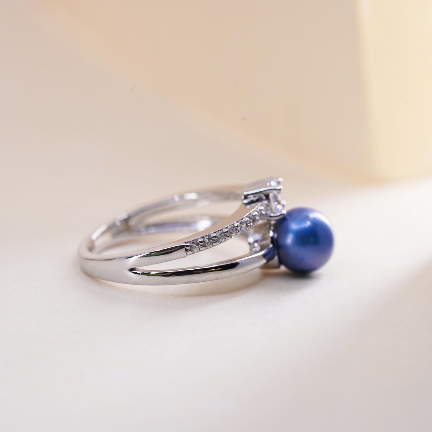 Size 6, vintage Sterling silver 925 handmade ring with blue pearl and cz