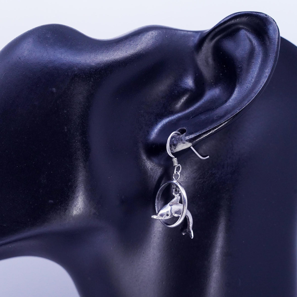 Sterling Silver Dolphin Hoop Earrings, 925 3D Dolphin Dangle, Ocean Marine