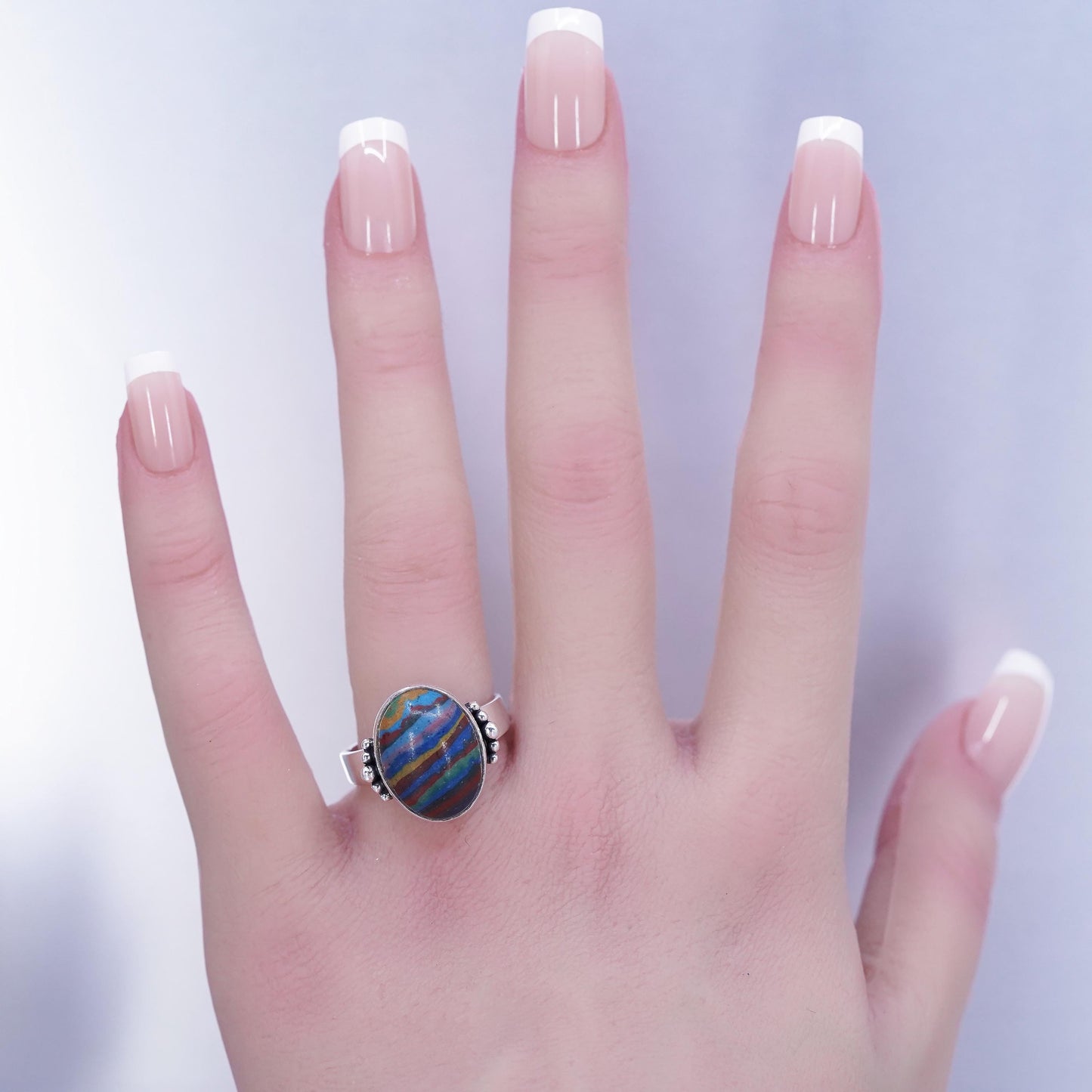 Size 8.75, vintage Sterling 925 silver handmade ring with landscape agate