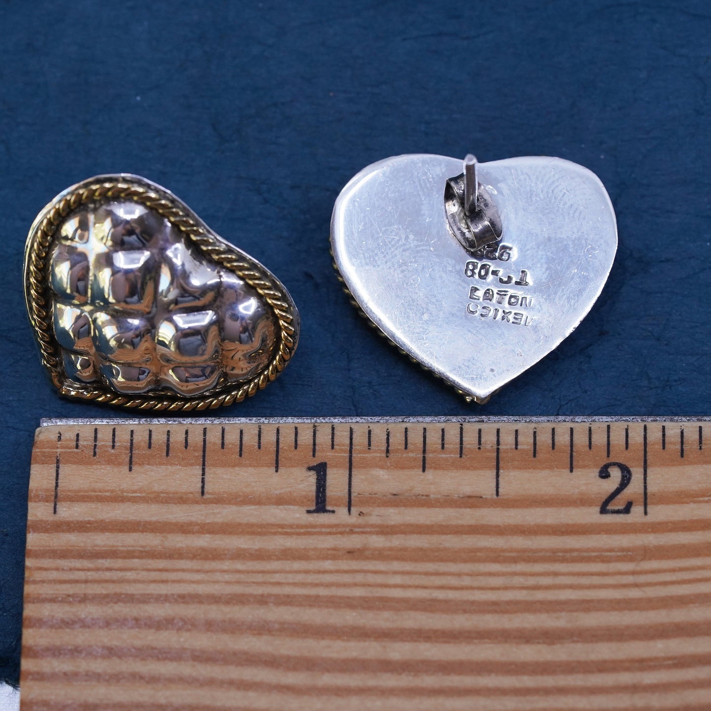 Vintage two tone Sterling silver handmade earrings, puffy 925 heart studs brass