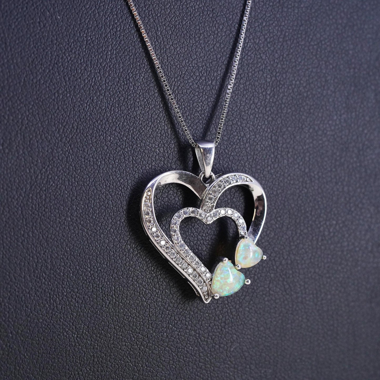 Opal Heart Necklace Sterling Silver 925 Double Heart White Topaz Pave Love