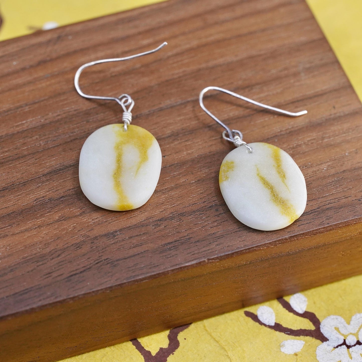 Vintage Sterling 925 silver handmade earrings with oval jade
