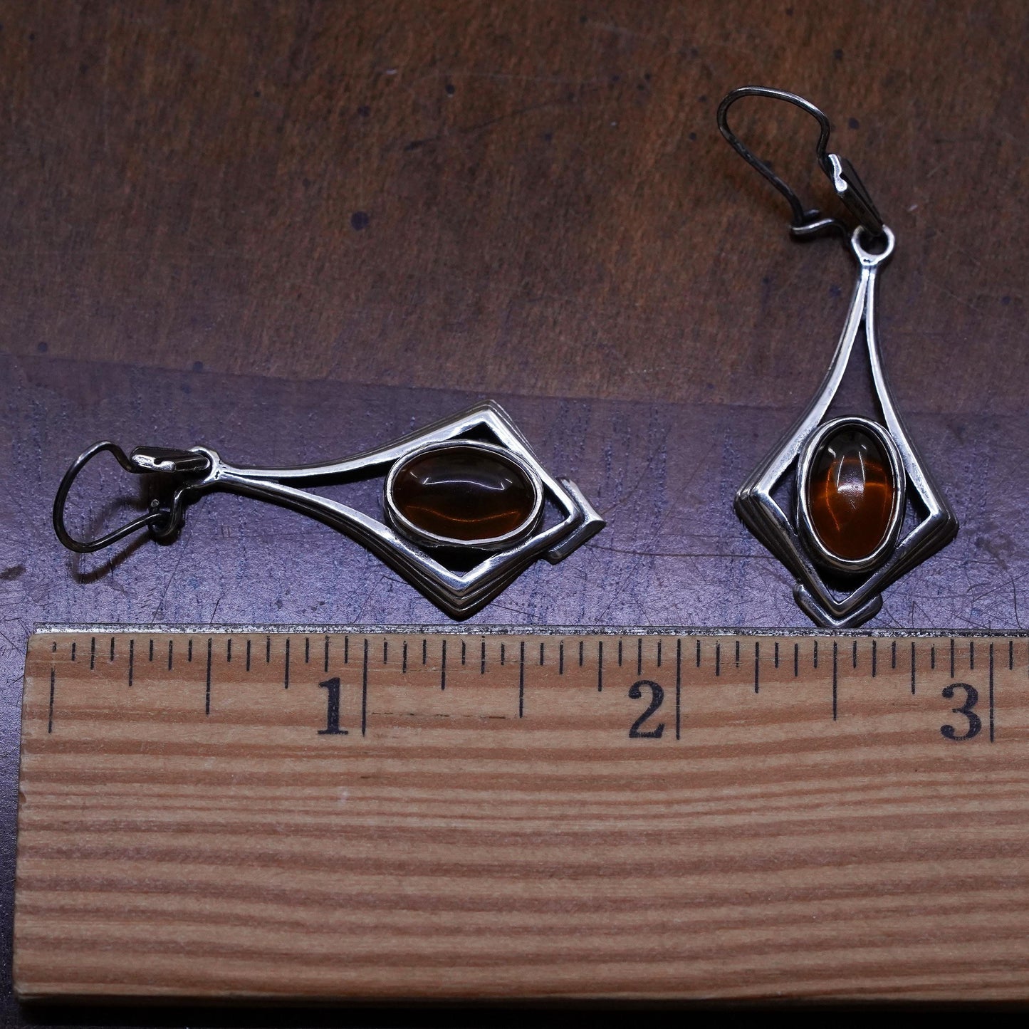 Vintage Sterling 925 silver handmade earrings with oval amber dangle
