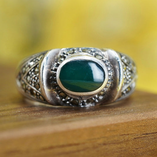 Size 8, Sterling 925 silver handmade statement ring with green onyx marcasite