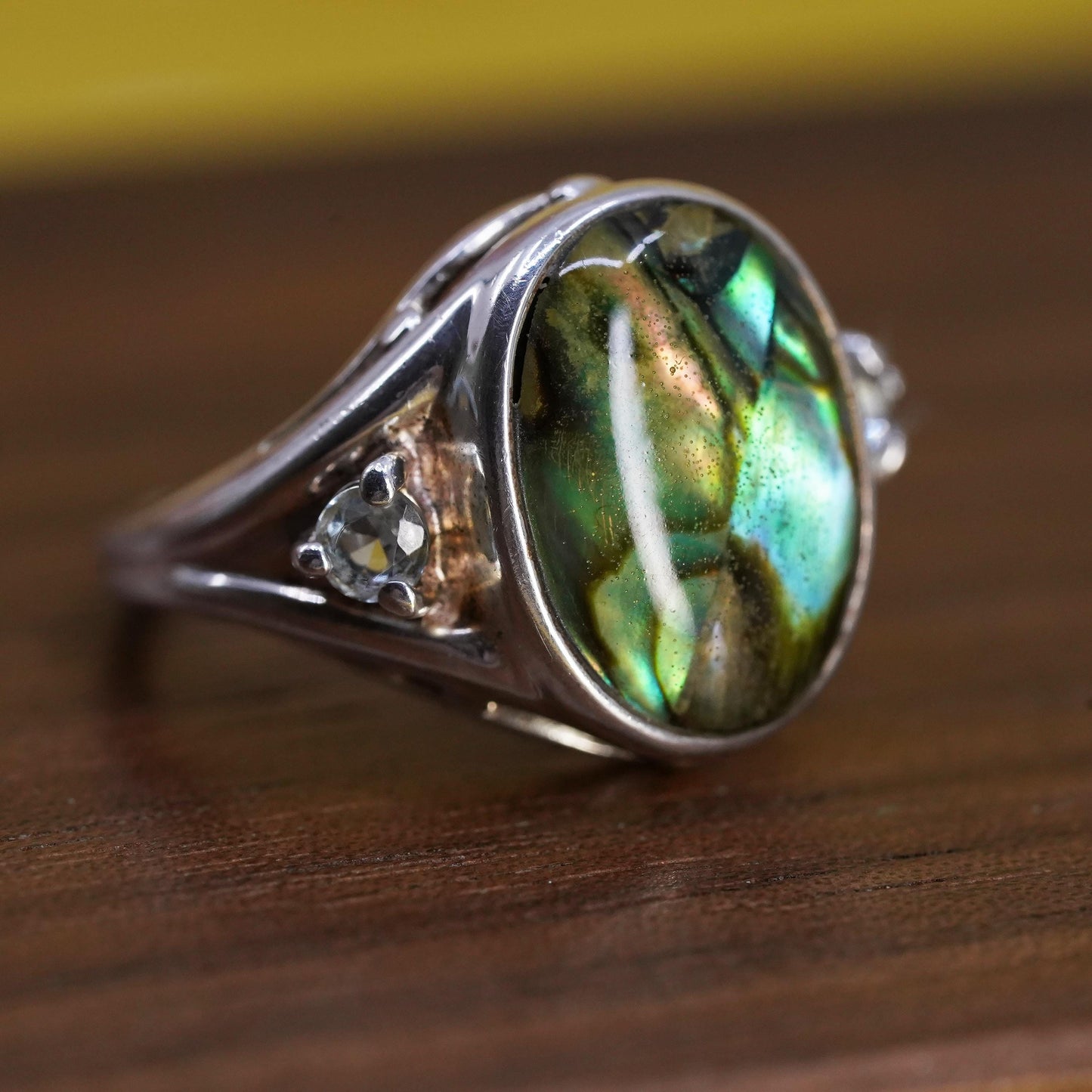Size 5.25, Vintage RJ sterling silver handmade ring, 925 band w/ abalone inlay