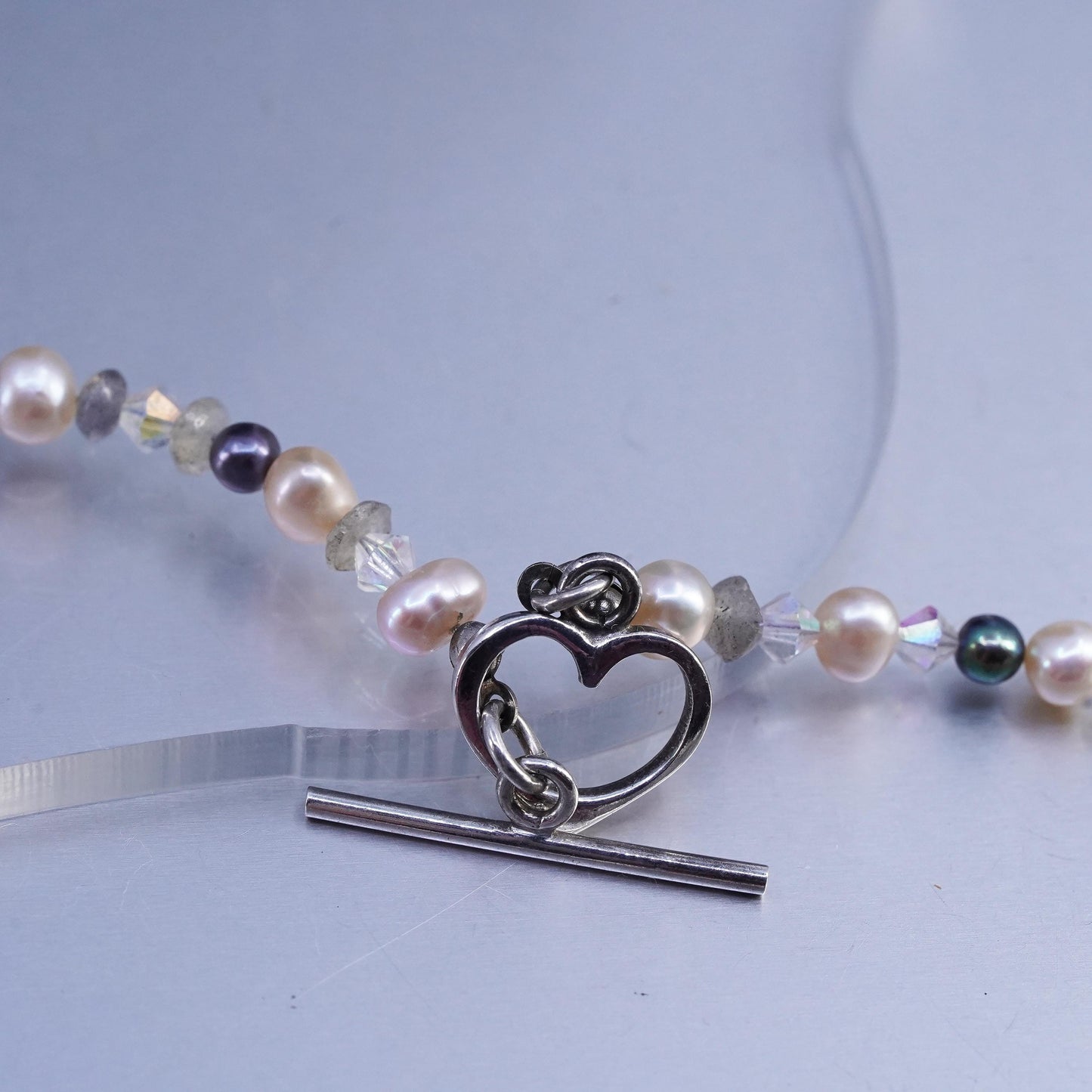16" Vintage Sterling 925 silver handmade necklace With Pearl, Crystal Beads