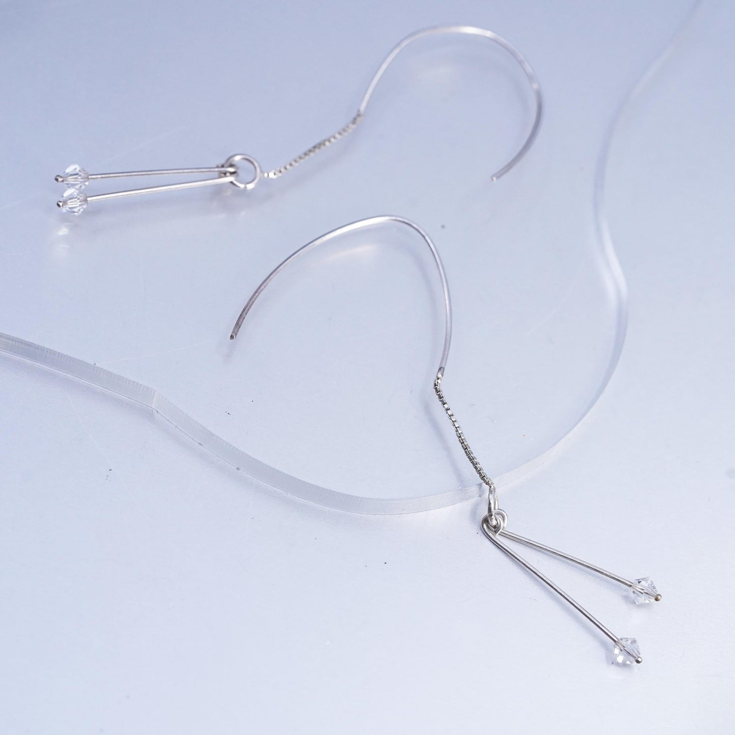 Vintage Sterling 925 silver handmade box chain fringe earrings clear crystal