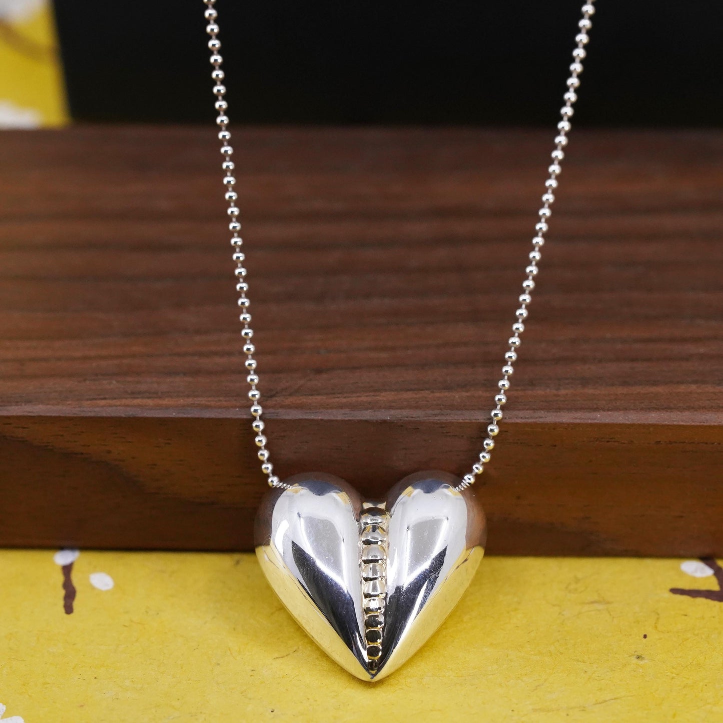 30", Italian Sterling silver necklace, extra long 925 bead puffy heart pendant