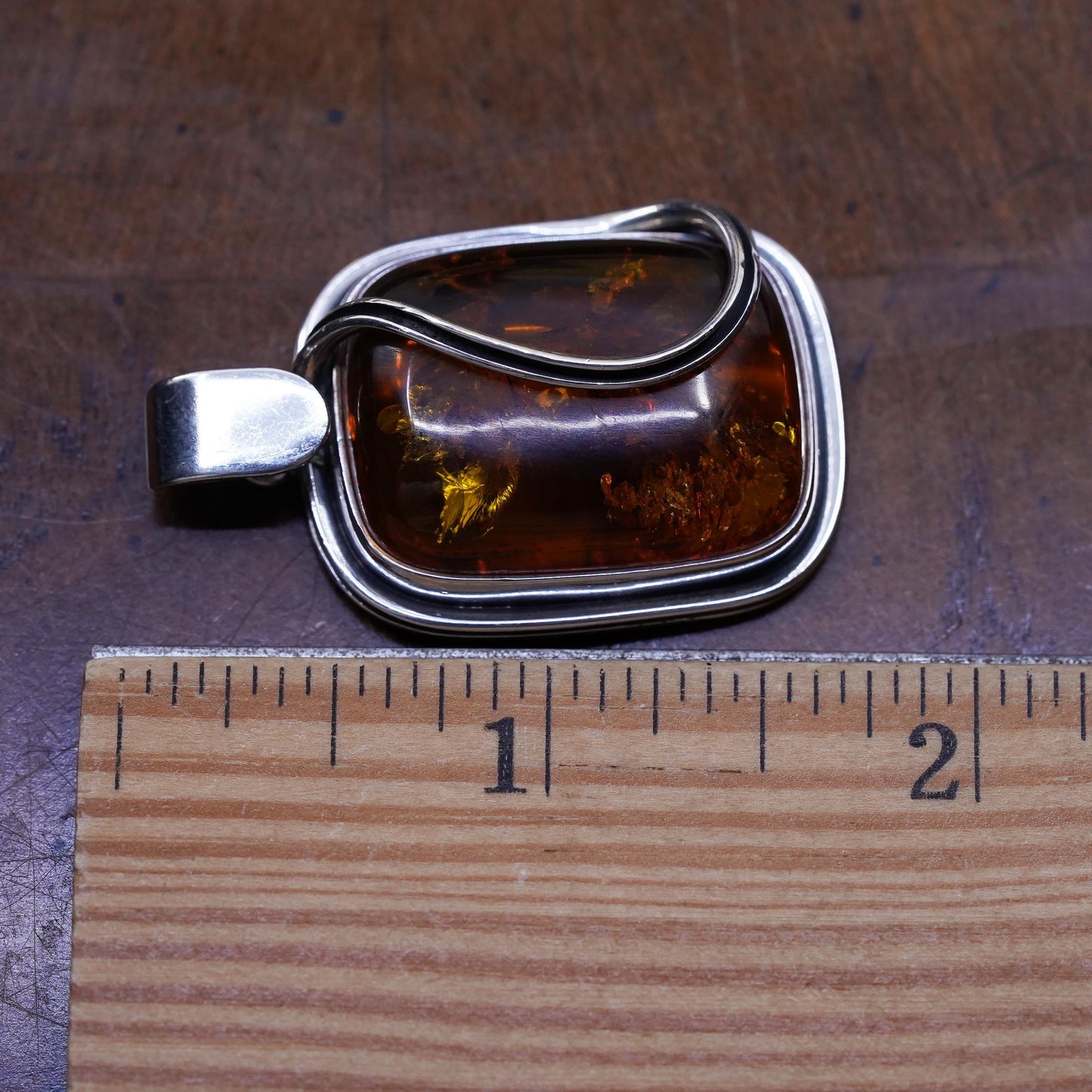 Vintage modern Sterling 925 silver handmade pendant with amber pendant