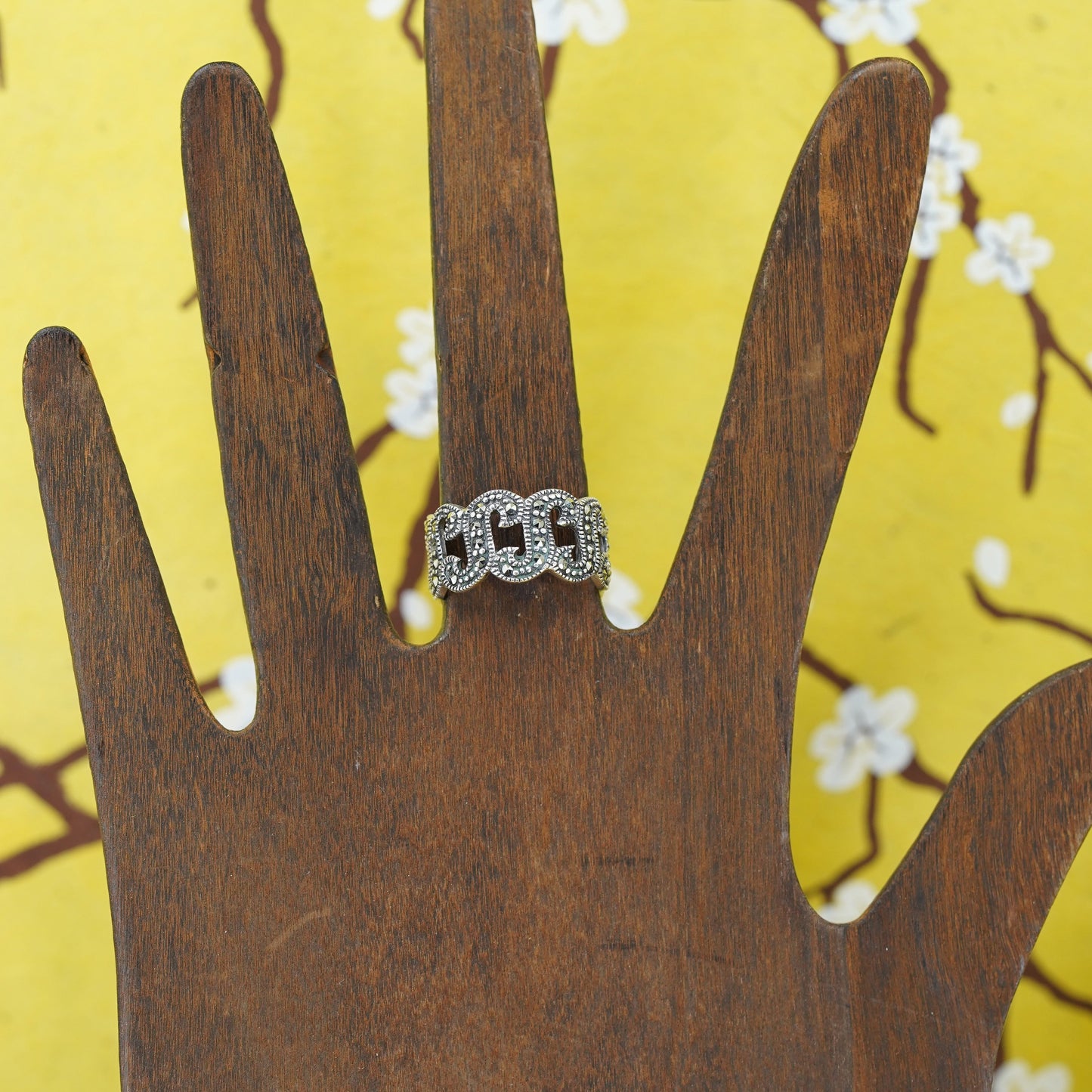 Size 6.75, Sterling silver handmade ring, southwestern, 925 S band marcasite