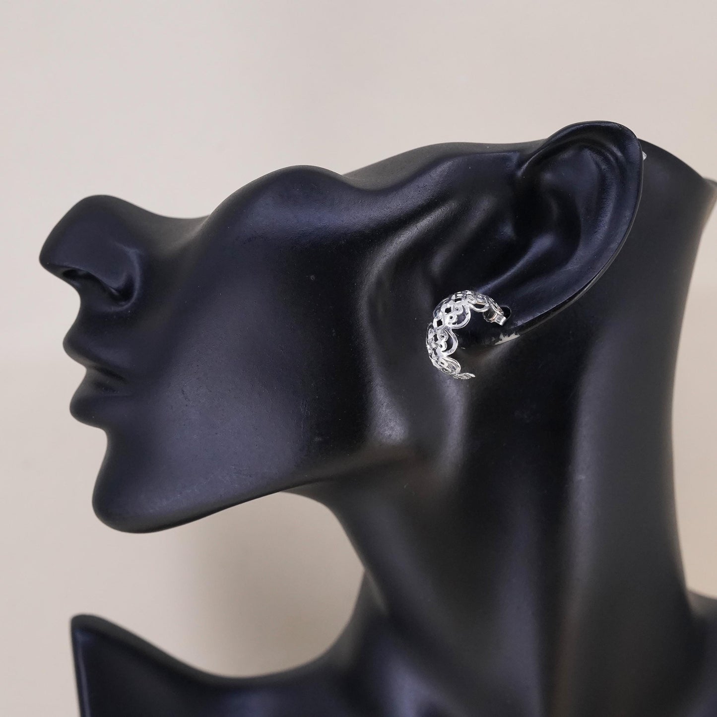 0.75", Vintage sterling 925 silver studs, filigree 925 huggie earrings
