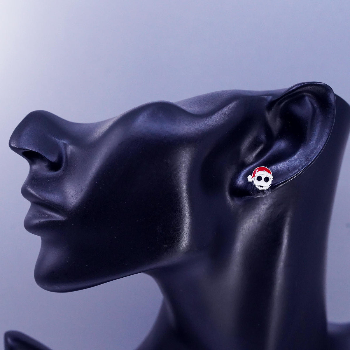 Jack Santa Hat Earrings, Christmas Skeleton Enamel Sterling 925 Silver Studs