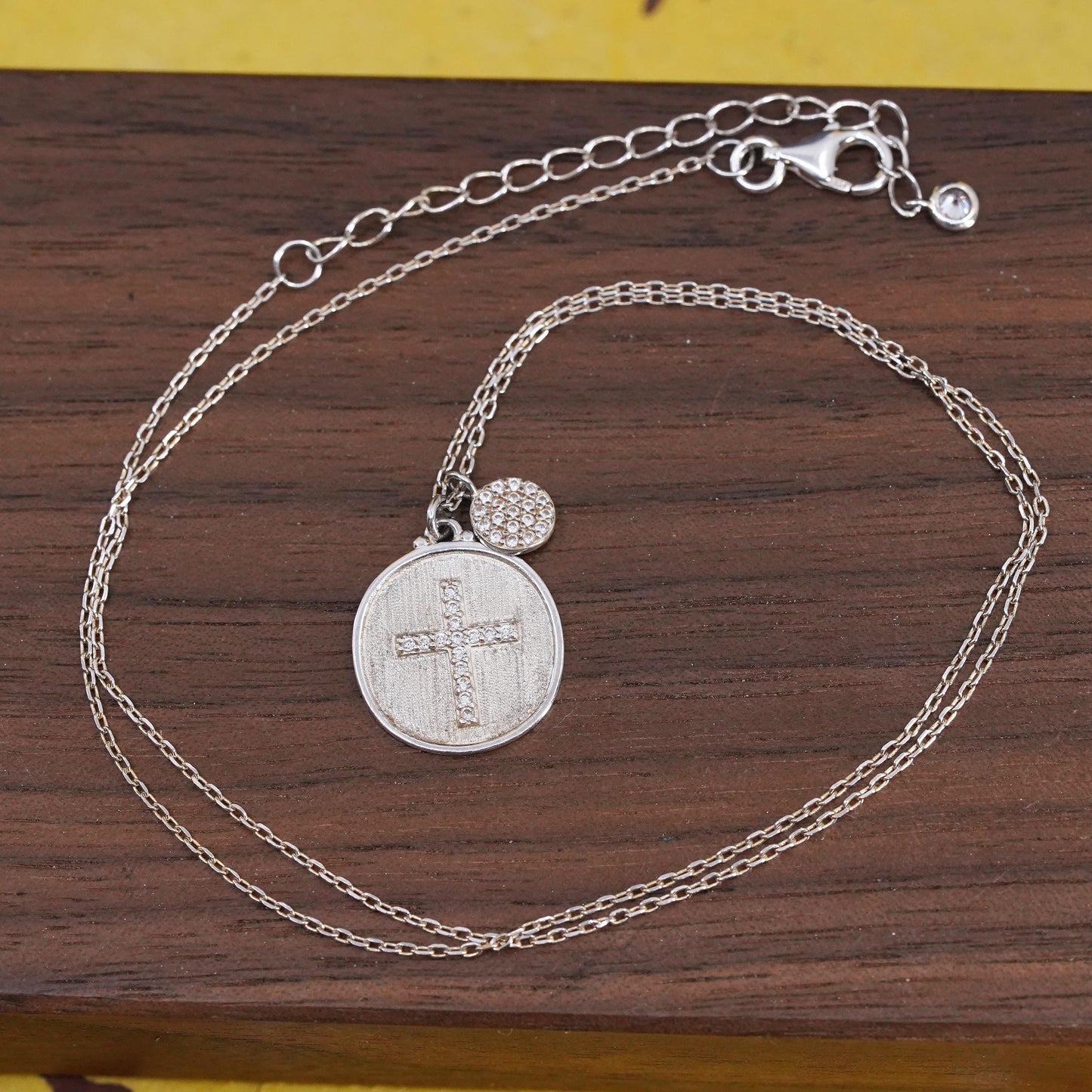 16+2”, Sterling silver necklace, 925 circle chain cluster cz cross pendant