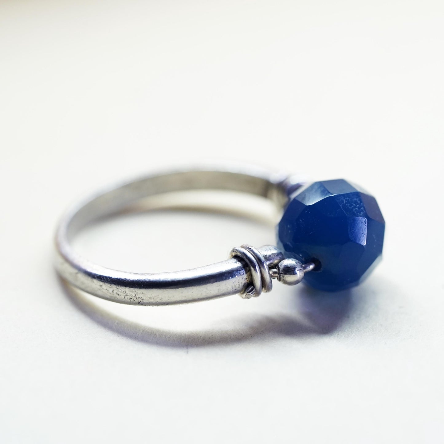 Size 5, Vintage sterling silver handmade ring with blue chalcedony bead