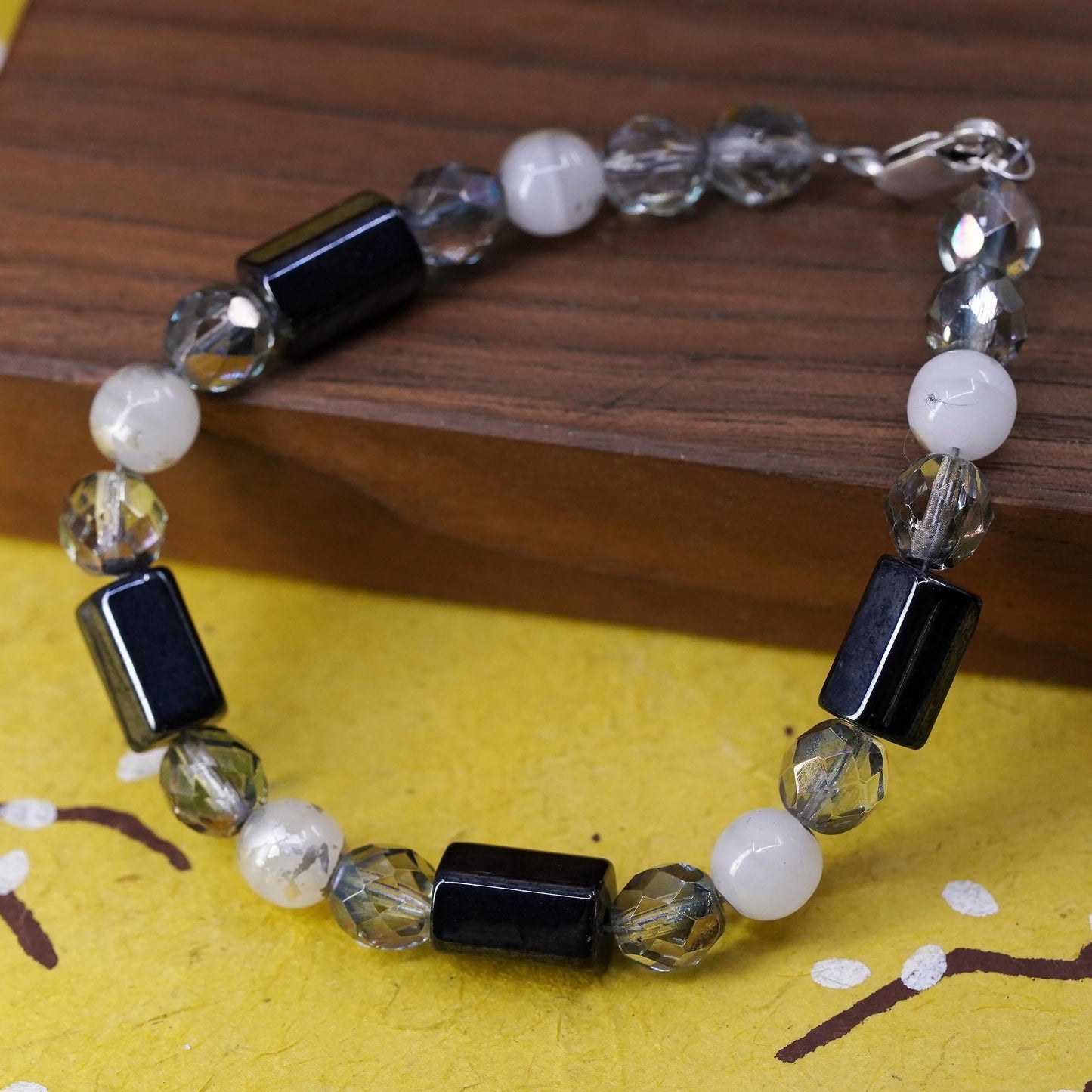 7.5” Vintage sterling 925 silver handmade bracelet with hematite crystal beads