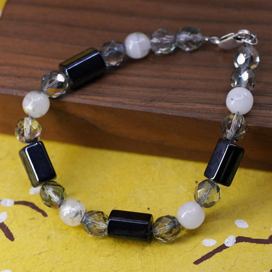 7.5” Vintage sterling 925 silver handmade bracelet with hematite crystal beads
