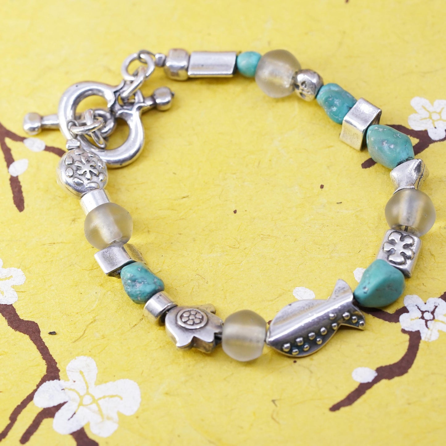 7.25” DANON Native American silver tone bracelet, turquoise beads bracelet