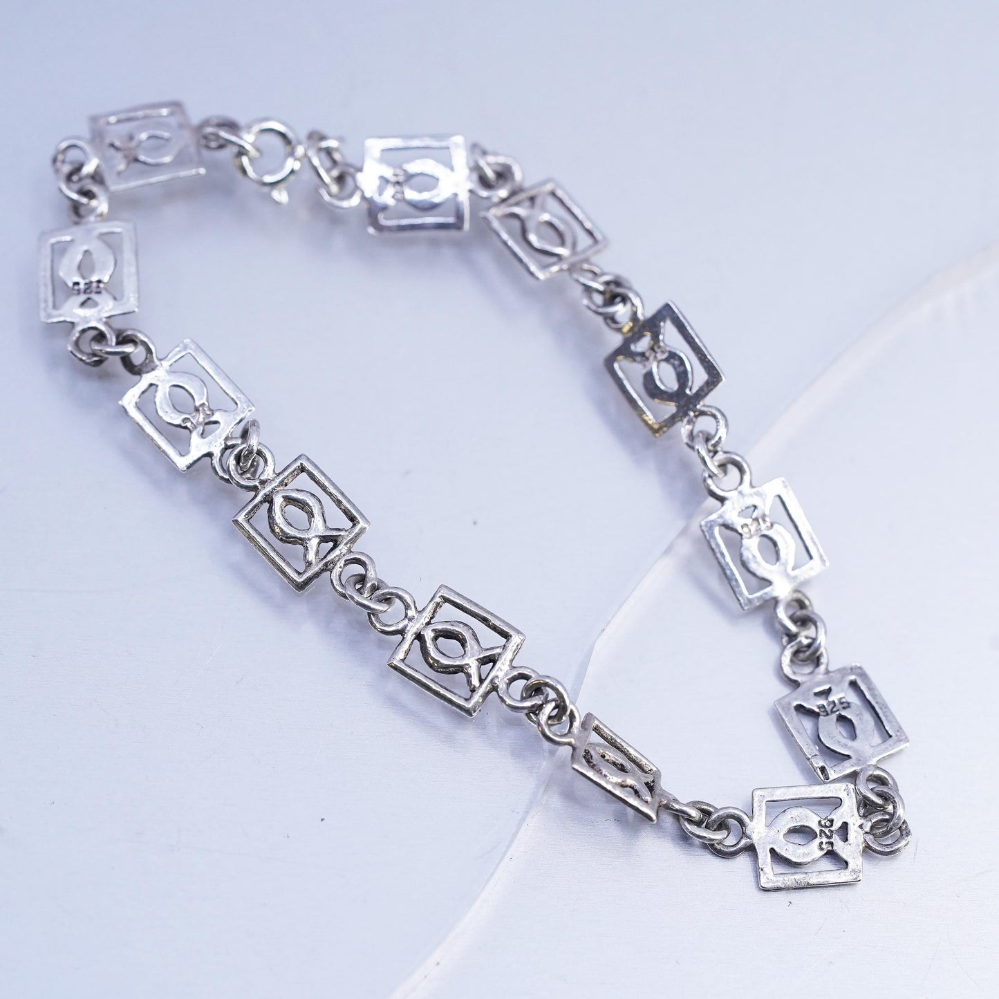 7", Vintage Sterling Silver Handmade Bracelet, 925 fish symbol link chain
