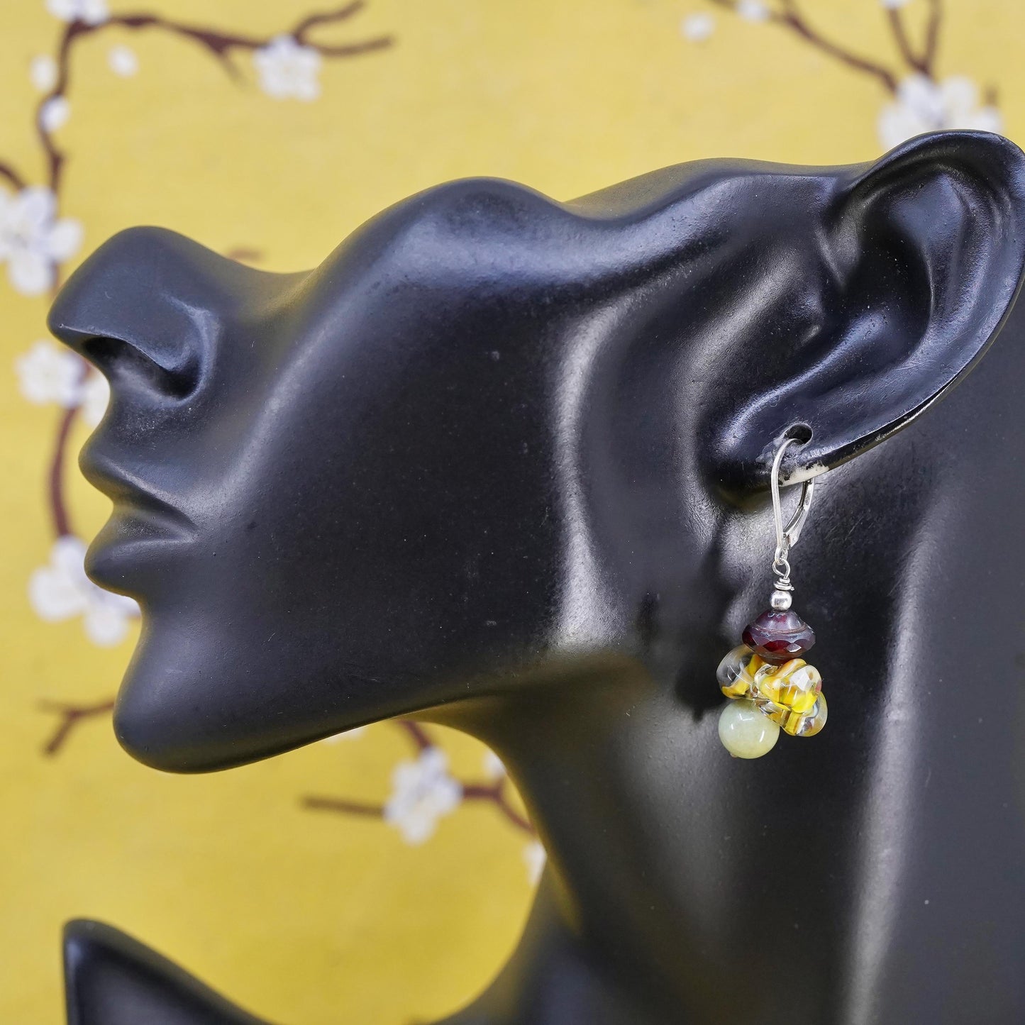 Vintage sterling 925 silver earrings with artisan glass bead lever back closing