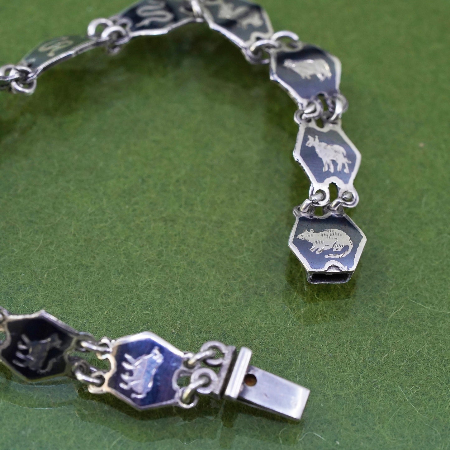6.25”, Indian Siam sterling silver bracelet, 925 disc engraved 12 animal zodiac
